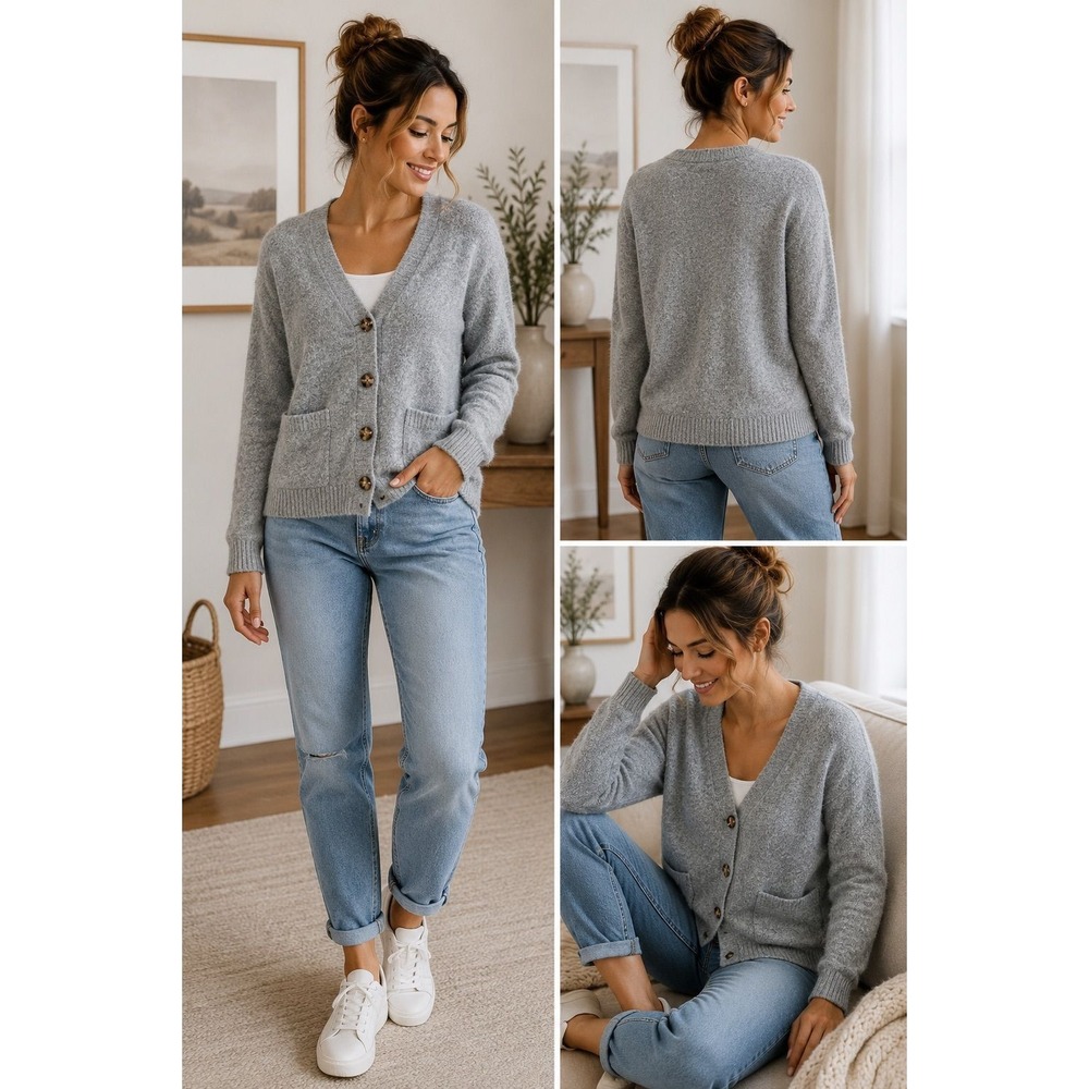Zara Knit Gray Button Front Cardigan Sweater Women's Small Soft Pocket Cardigan
